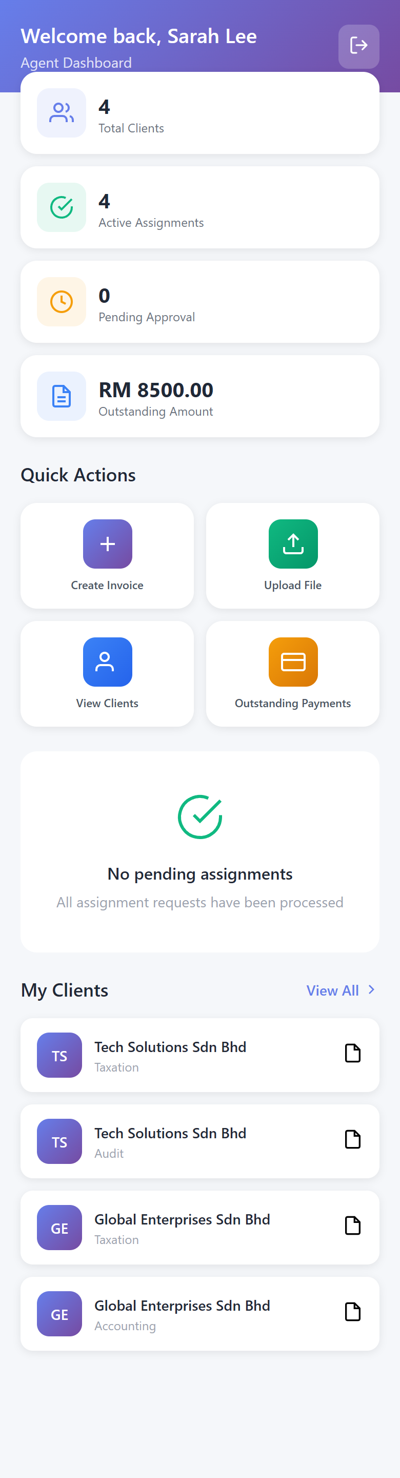 Agent dashboard with client assignments