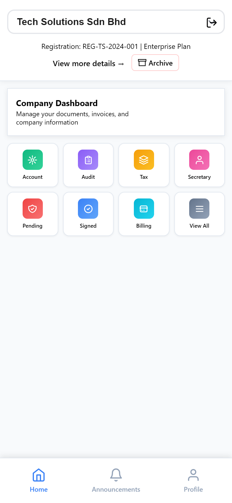 Client company dashboard