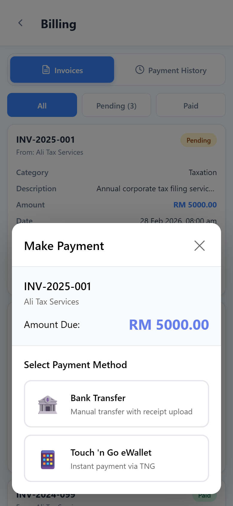 Payment method selection with bank transfer and Touch 'n Go